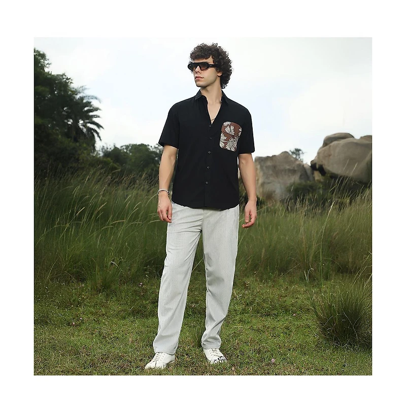 Campus Sutra Men's Chocolate Brown & Obsidian Black Flora-Block Shirt