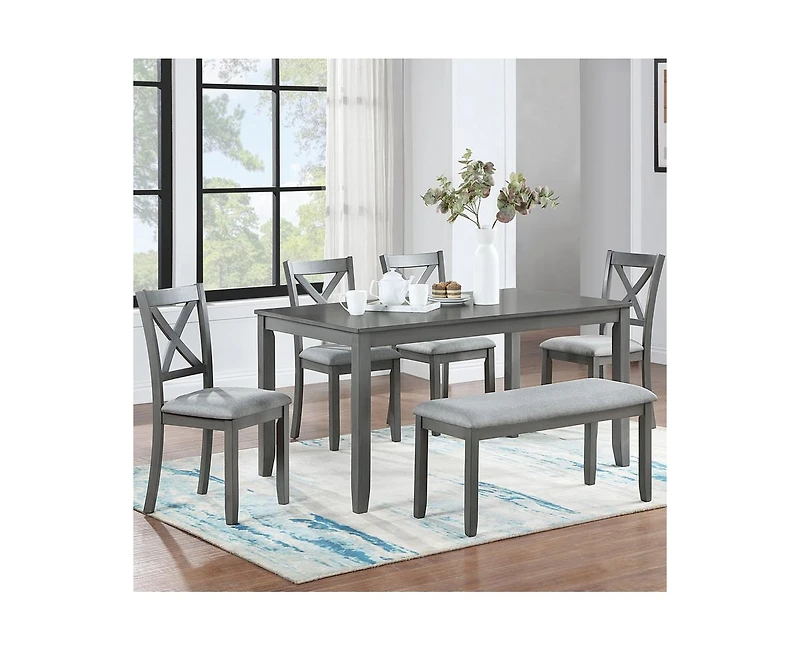 Casainc 6-Piece Grey Kitchen Counter Set with Rectangular Wooden Dining Table 4 Padded Chairs and Bench