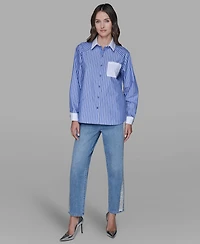 Karl Lagerfeld Paris Women's Stripe Contrast Front Button Collar Blouse