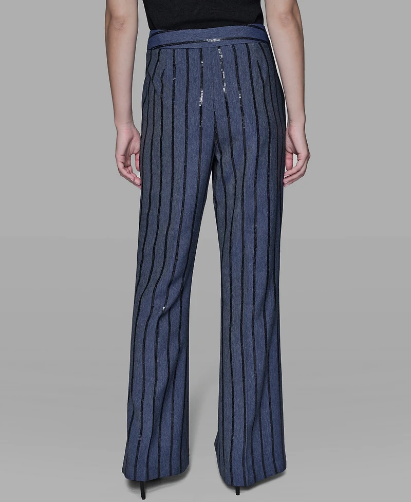 Karl Lagerfeld Paris Women's Mid Rise Striped Sequin Pants