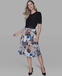 Karl Lagerfeld Paris Women's City Scene Print Pull-On Pleated Skirt