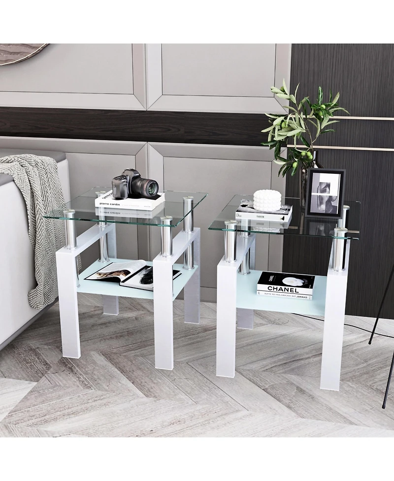 sumyeg Set of 2 Modern Square Tempered Glass Coffee Tables with Solid Frame