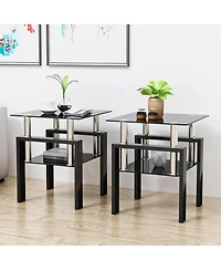sumyeg Set of 2 Modern Square Tempered Glass Coffee Tables with Solid Frame
