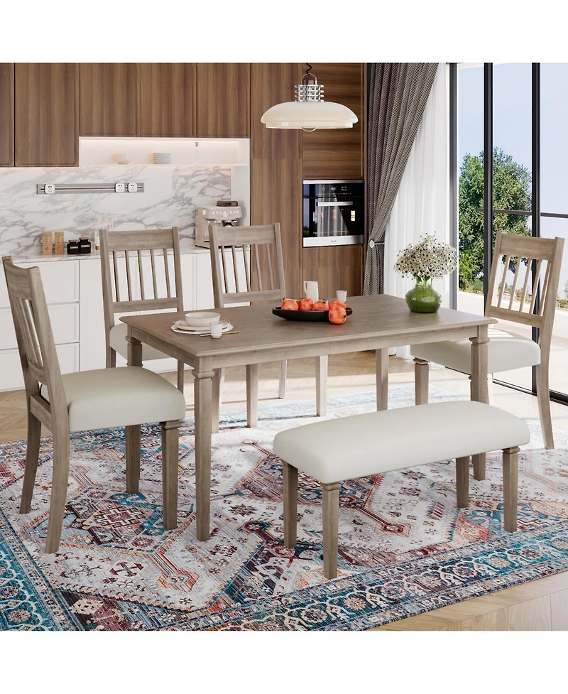 sumyeg 6-Piece Retro Dining Set with Wooden Rectangular Table 4 Chairs and Bench