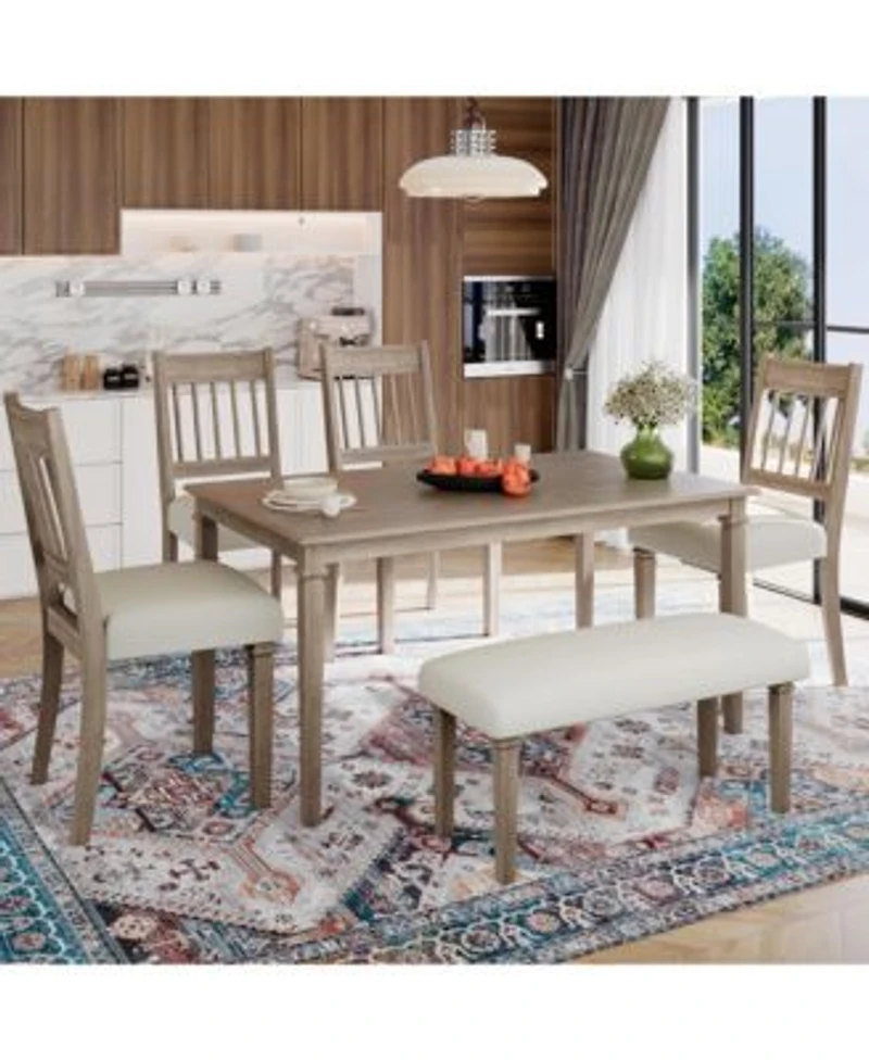 Sumyeg 6 Piece Retro Dining Set With Wooden Rectangular Table 4 Chairs Bench
