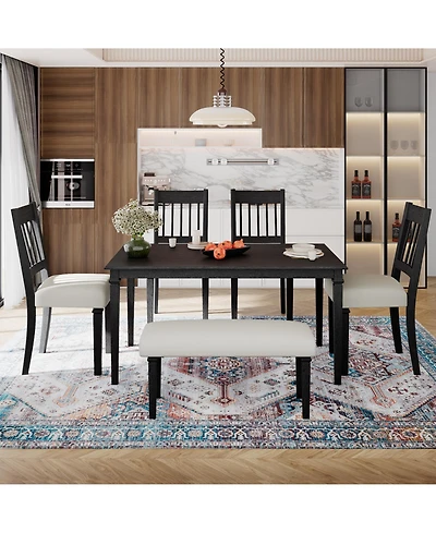 sumyeg 6-Piece Retro Dining Set with Wooden Rectangular Table 4 Chairs and Bench