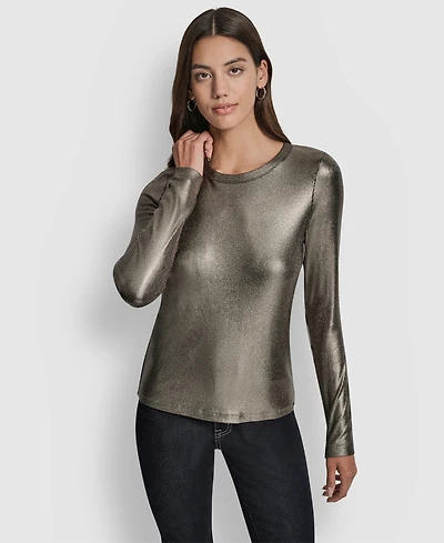 Dkny Jeans Women's Foil Rib Crewneck Long Sleeves Top