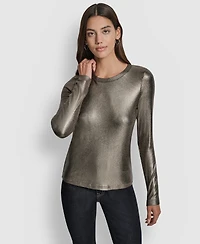 Dkny Jeans Women's Foil Rib Crewneck Long Sleeves Top
