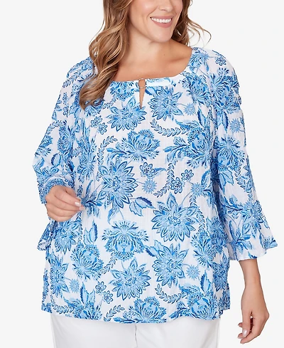 Hearts Of Palm Plus Printed Crinkle 3/4 Sleeve Top