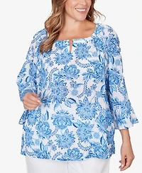 Hearts Of Palm Plus Printed Crinkle 3/4 Sleeve Top