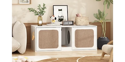 Hidden Cat Litter Box with 2 Sisal Doors, Litter Box Enclosure Washroom Storage Cabinet Bench End Table