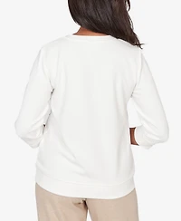 Alfred Dunner Women's Comfort & Joy Floral Embroidered Crew Neck Top