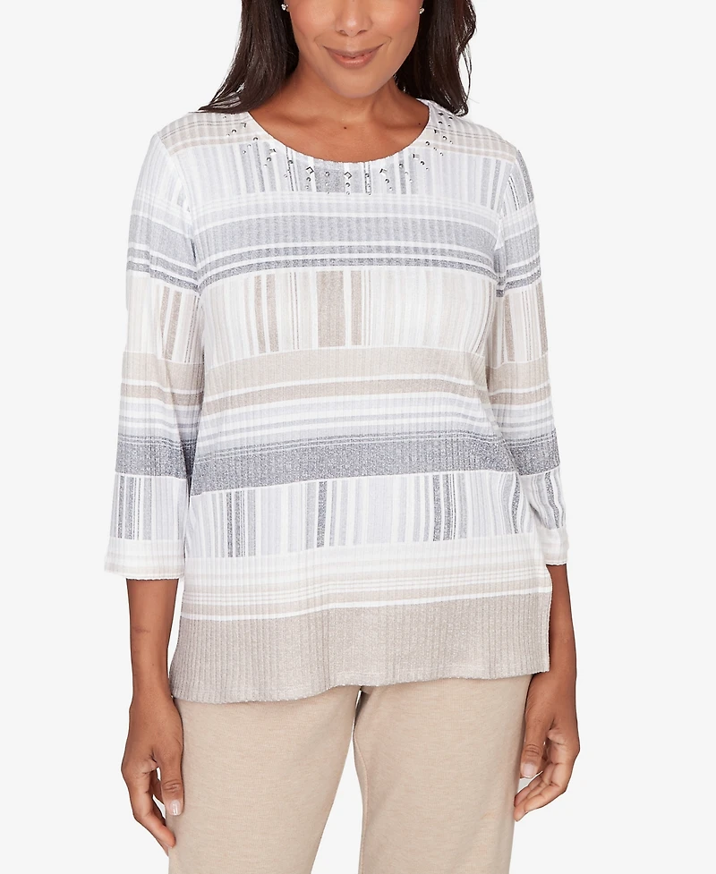 Alfred Dunner Women's Comfort & Joy Geometric Stripe Embellished Crew Neck Top