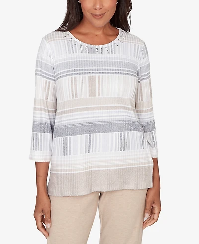 Alfred Dunner Women's Comfort & Joy Geometric Stripe Embellished Crew Neck Top