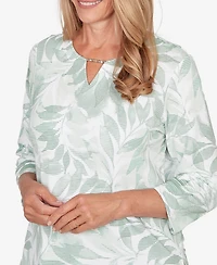Alfred Dunner Women's St. Augustine Monotone Leaf Print Split Neck Top