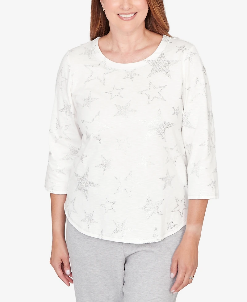 Alfred Dunner Petite Comfort & Joy Star Print Crew Neck Top