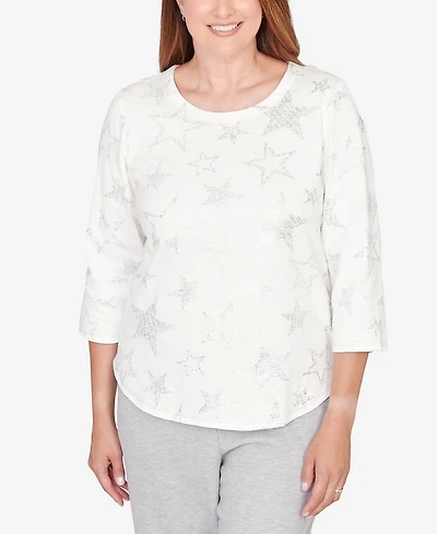 Alfred Dunner Petite Comfort & Joy Star Print Crew Neck Top