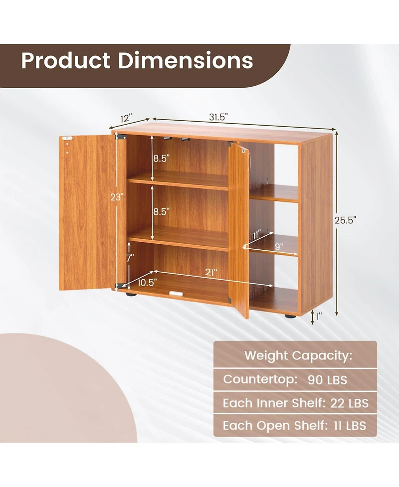 Costway 3-Tier Wooden Shoe Storage Organizer with Doors & 3-Level Adjustable Open Shelves