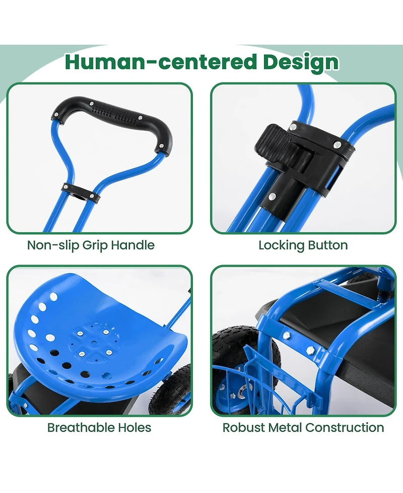 Sugift Heavy Duty Garden Cart with Tool Tray and 360 Swivel Seat-Blue