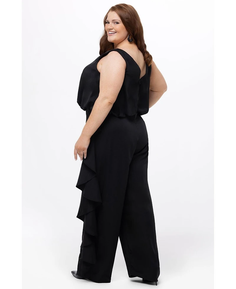 Celebrations by Sydney's Closet Women's V-Neck Stretch Satin Jumpsuit with Ruffles