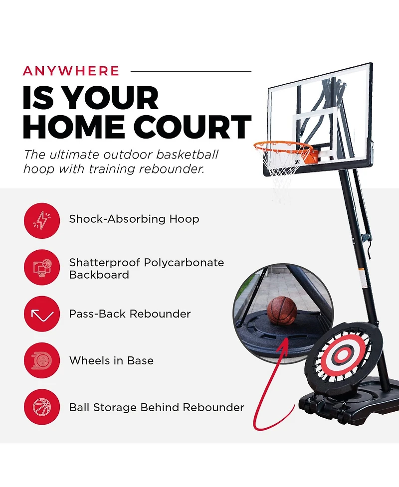 Ie Sports Portable Basketball Hoop, Adjustable Height, 50" Backboard & Rebounder