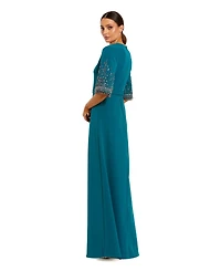Mac Duggal Women's Crepe A Line Gown Beaded 3/4 Sleeves
