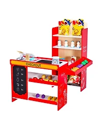 Mecale Kids Grocery Store Playset, Wooden Store with Bag, Conveyor Belt, Scanner, Cash Register & Scale, Pretend Supermarket Toy