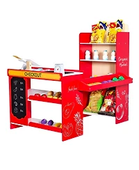 Mecale Kids Grocery Store Playset, Wooden Store with Bag, Conveyor Belt, Scanner, Cash Register & Scale, Pretend Supermarket Toy