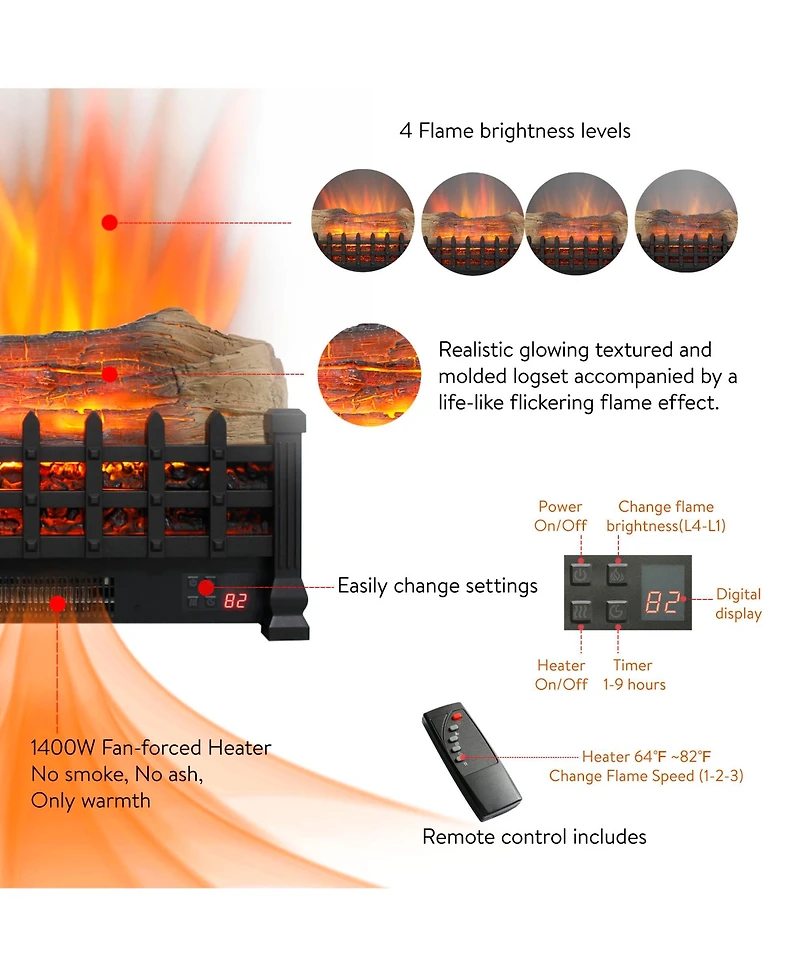 Flynama 20 inch Electric Fireplace 3D Log set insert, Free Standing Fireplace Heater for Indoor