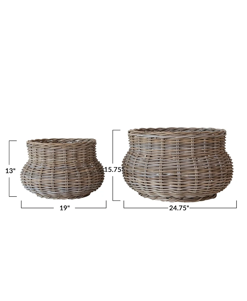 Storied Home Round Hand-Woven Rattan Round Planters, Grey, Set of 2