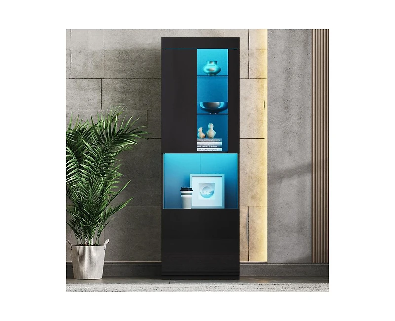 Casainc Storage Cabinet with Led Lights Tall Pantry Acrylic Door and Tempered Glass Shelves