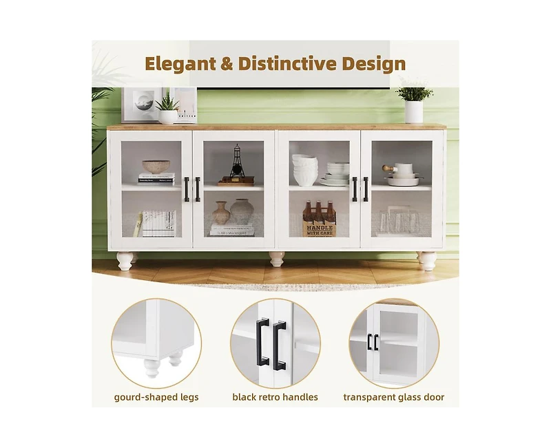 Farmhouse Storage Cabinet Tv Stand with Tempered Glass Doors And Adjustable Shelves