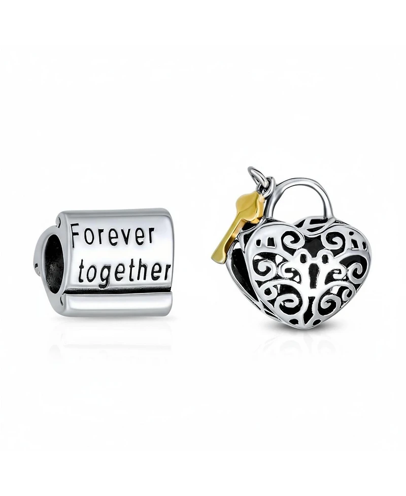 Bling Jewelry Set of 2 Words Mantra Forever Together & Heart Lock Charm Bead Sterling Silver