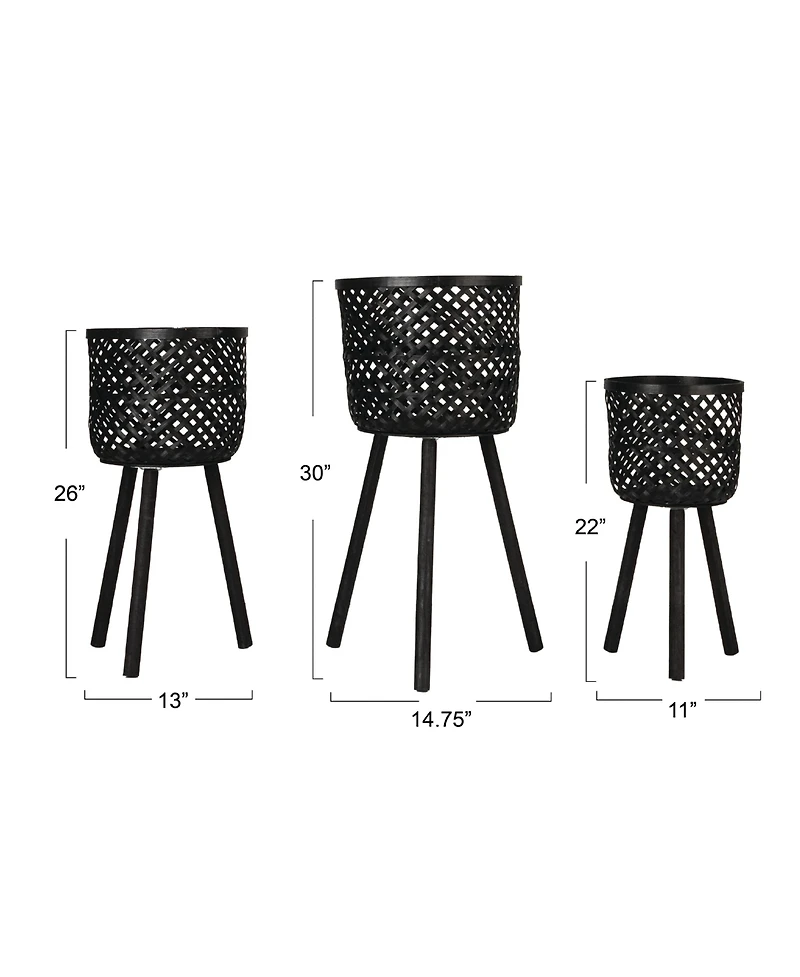 Storied Home Woven Bamboo Baskets with Wooden Legs, Black, Set of 3