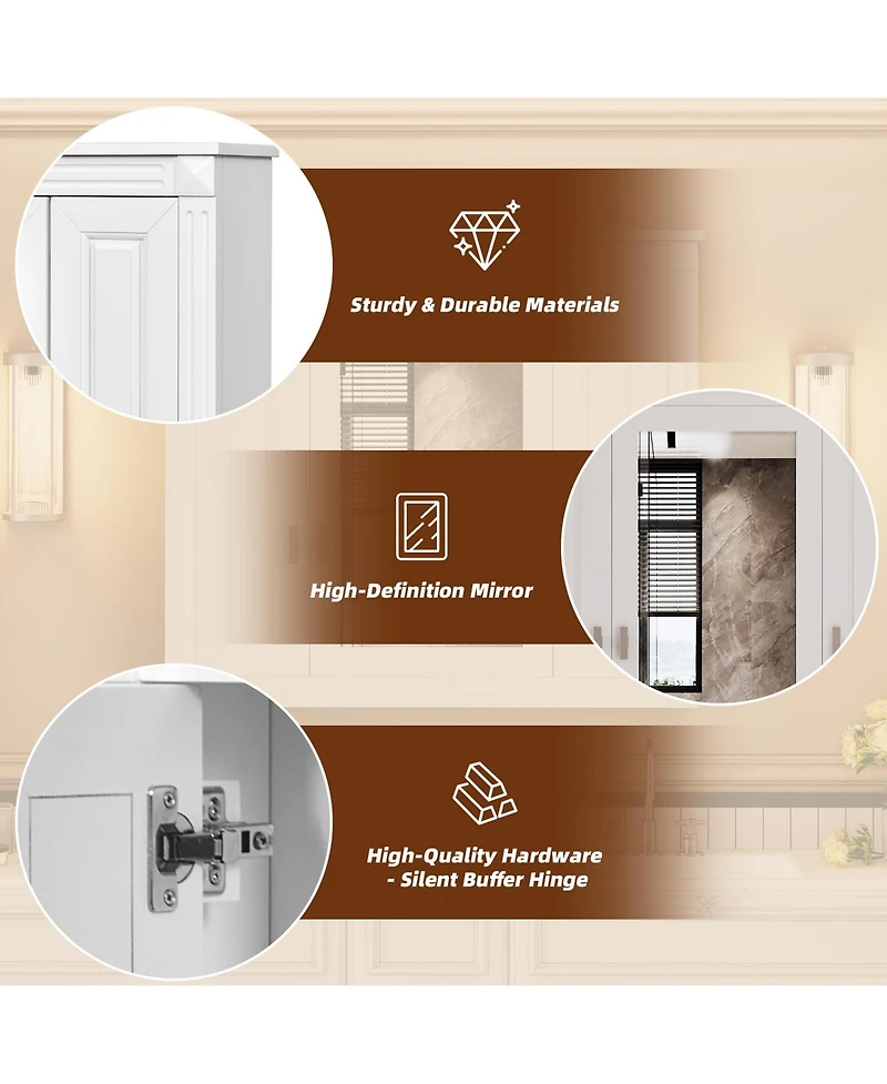 Airsurfer Bathroom Wall Cabinet with Mirror Wall Mounted Medicine Cabinet with 4 Shelves Mirrored Door Storage Cabinet for Small Spaces White