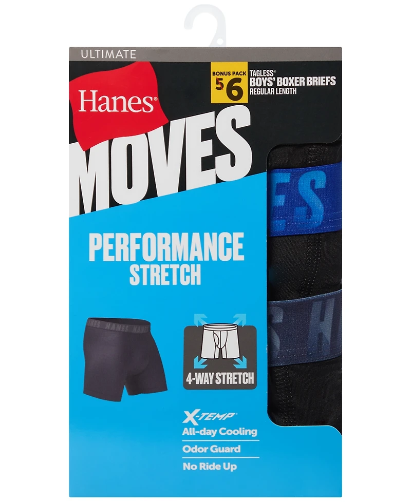 Boys Hanes, 5+1 Bonus Pack, Underwear Boxer Briefs, Moves Ultimate Performance Stretch, Solids/Camo Prints