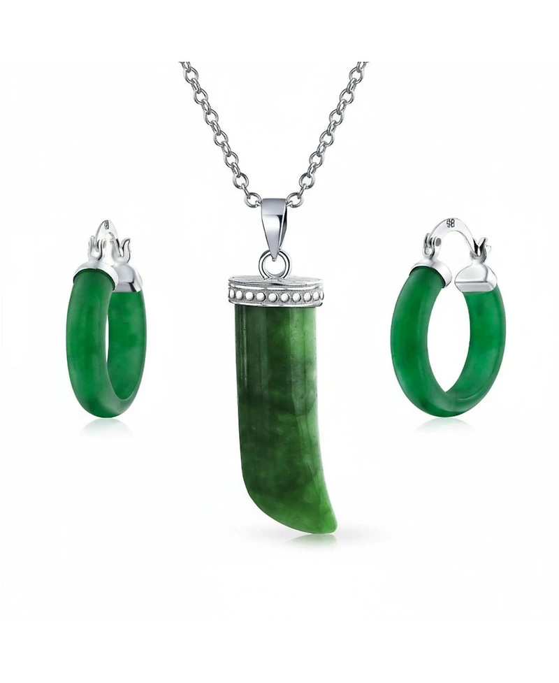 Bling Jewelry Italian Horn Green Narutal Jade Pendant Necklace and Tube Hoop Earrings Jewelry Set Sterling Silver