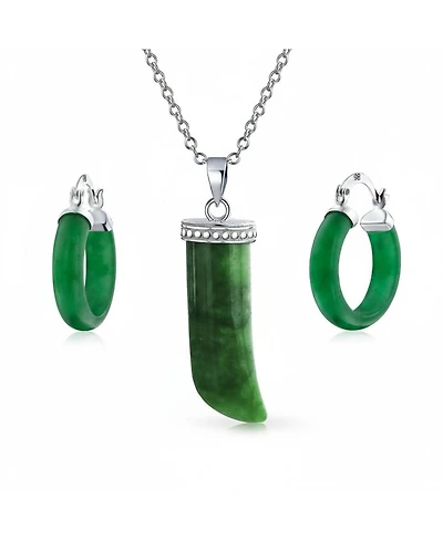 Bling Jewelry Italian Horn Green Narutal Jade Pendant Necklace and Tube Hoop Earrings Jewelry Set Sterling Silver
