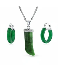 Bling Jewelry Italian Horn Green Narutal Jade Pendant Necklace and Tube Hoop Earrings Jewelry Set Sterling Silver