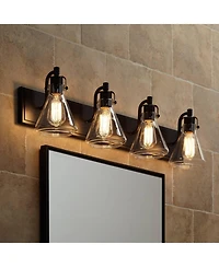 Cindy Farmhouse Industrial Rustic Wall Light Bronze Brown Metal Hardwired 33" Wide 4-Light Fixture Mounted Clear Glass Shade Bathroom Vanity Mirror Ho