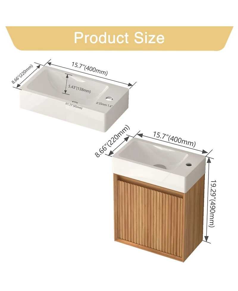 Boyel Living 16" Wall-Mounted Bathroom Vanity, Acacia Wood with White Resin Basin & Soft-Close Door