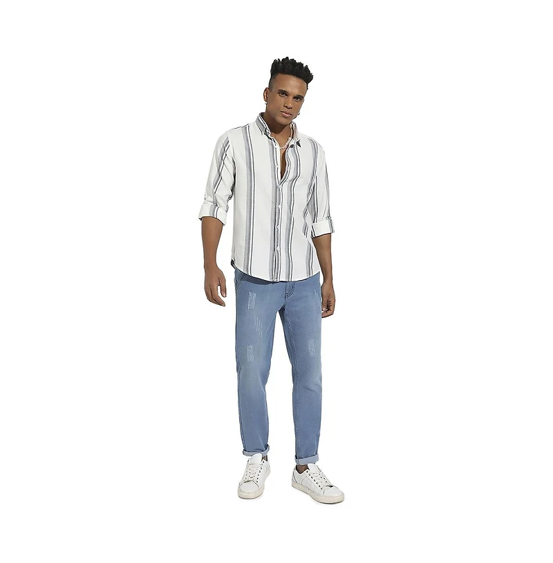 Campus Sutra Men's White & Dark Grey Barcode Striped Shirt