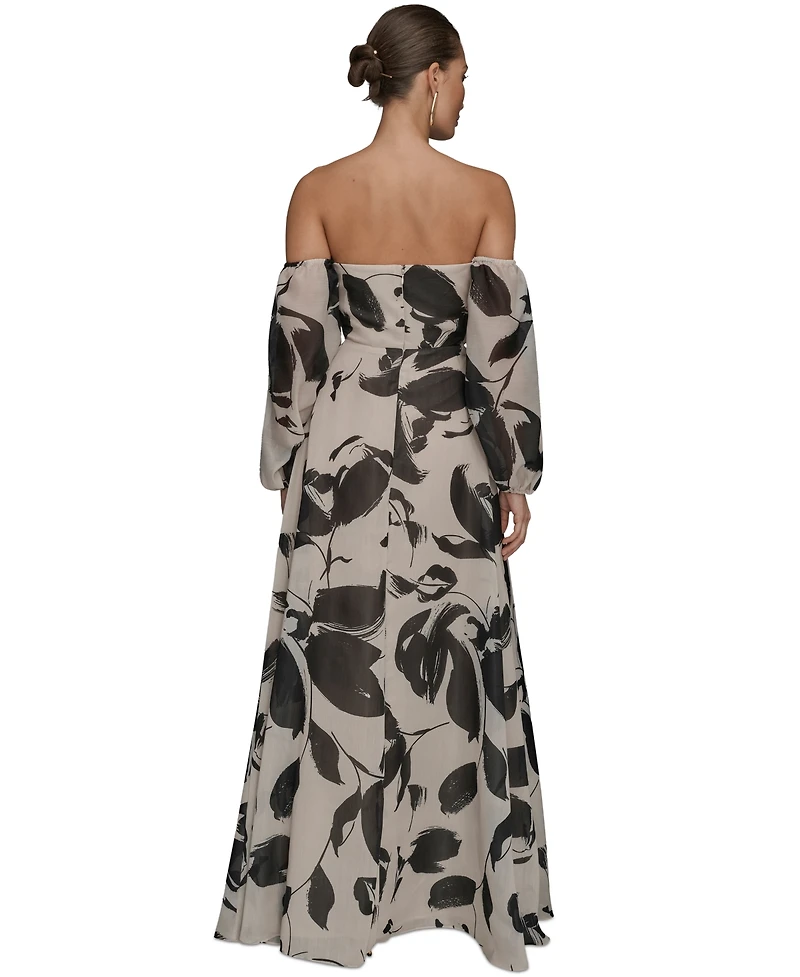 Donna Karan New York Women's Floral Print Sweetheart Neckline Puff Sleeve Gown