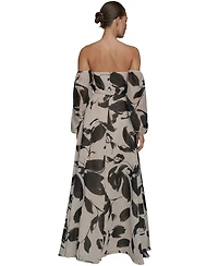 Donna Karan New York Women's Floral Print Sweetheart Neckline Puff Sleeve Gown