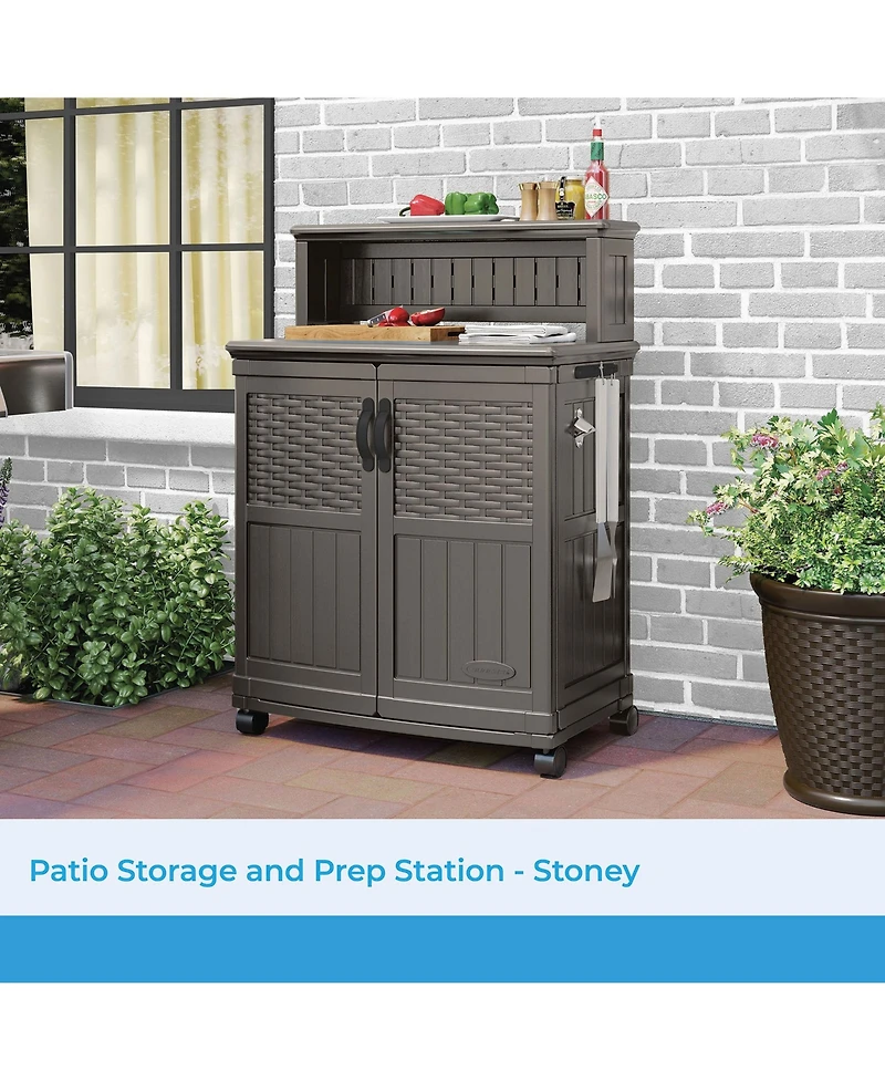Suncast Patio Plastic Storage and Prep Station with Wicker Pattern, Stoney Gray