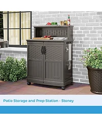 Suncast Patio Plastic Storage and Prep Station with Wicker Pattern, Stoney Gray