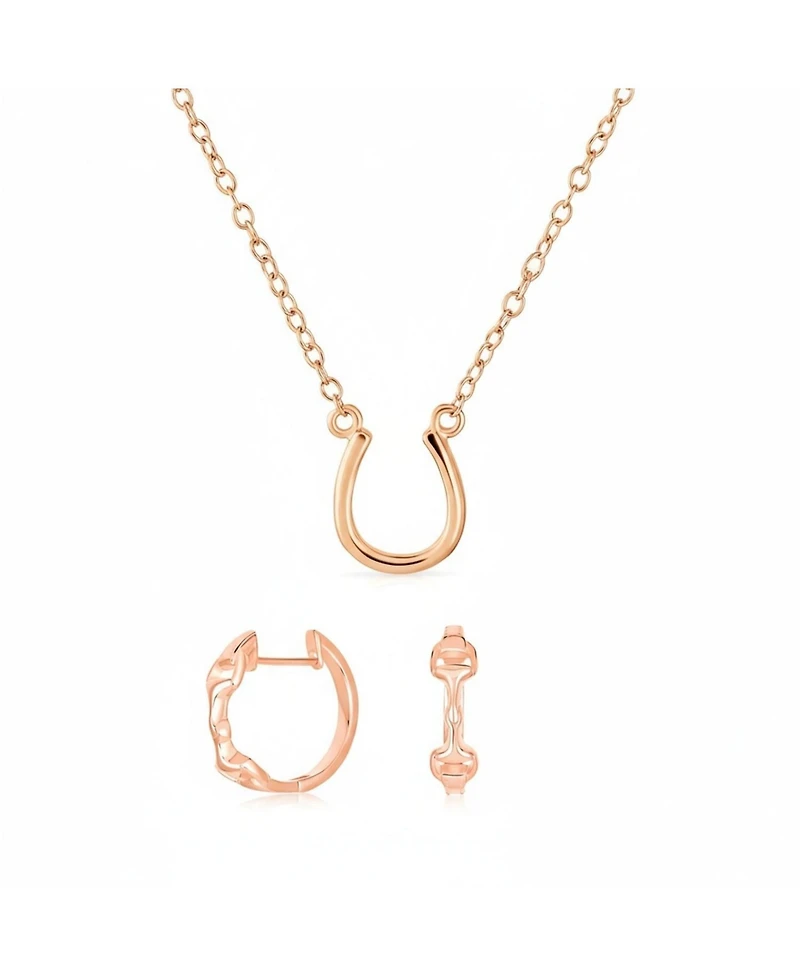 Bling Jewelry Equestrian Horseshoe Necklace and Snaffle Bit Hoop Earrings Jewelry Set Rose Gold Plated Sterling Silver