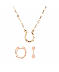 Bling Jewelry Equestrian Horseshoe Necklace and Snaffle Bit Hoop Earrings Jewelry Set Rose Gold Plated Sterling Silver