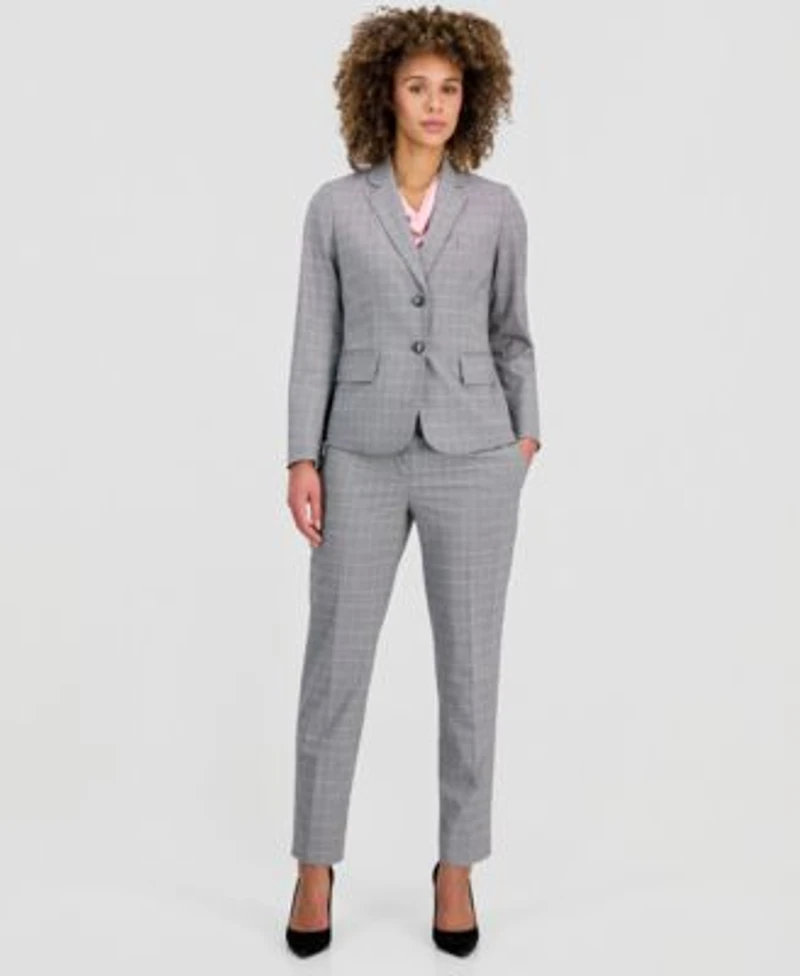 Kasper Womens Plaid Two Button Blazer Plaid Slim Leg Pants