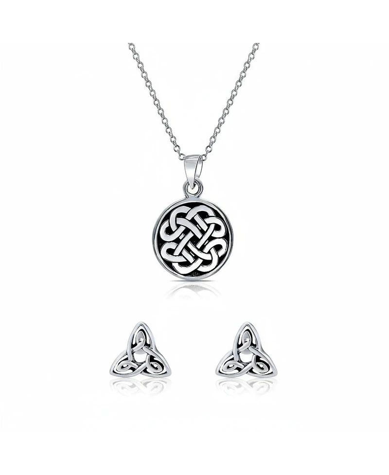 Bling Jewelry Celtic Knot Irish Friendship Pendant Necklace & Trinity Infinity Knot Stud Earrings Set – Oxidized Sterling Silver